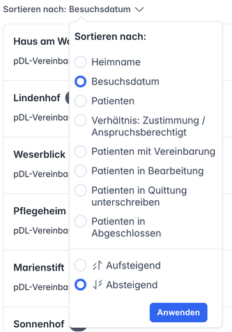 Auswahl Sortieren nach mit den Optionen und der Schaltfläche Anwenden