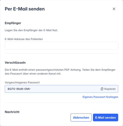 Fenster Per E-Mail senden mit E-Mail-Adresse und vorgeschlagenem Passwort