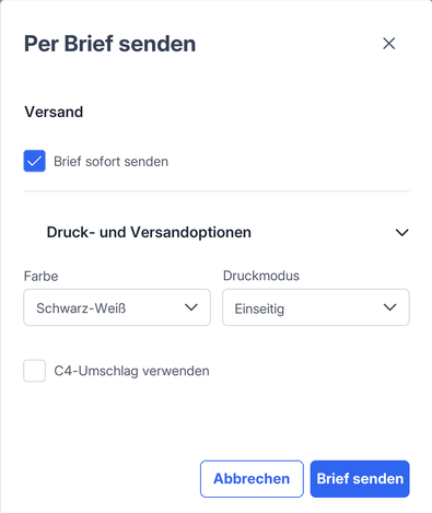 Fenster Per Brief senden mit Brief sofort senden und den aufgeklappten Druck- und Versandoptionen Farbe, Druckmodus und C4-Umschlag