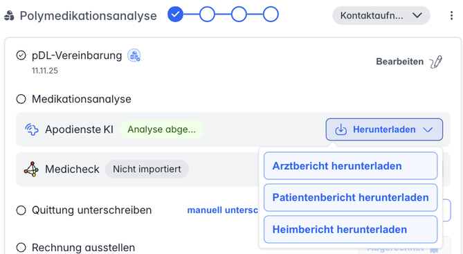 Schaltfläche Herunterladen mit Arztbericht, Patientenbericht und Heimbericht