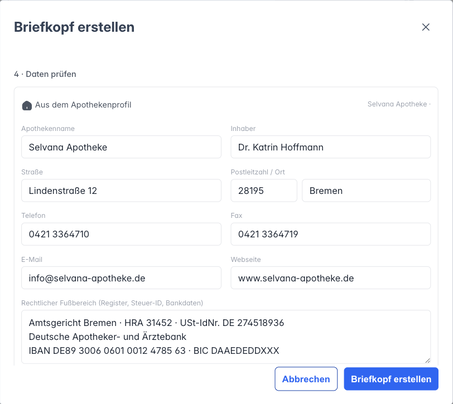 Bereich Daten prüfen mit den vorausgefüllten Apothekendaten