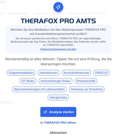 Fenster THERAFOX PRO mit den ausgewählten Prüfungen und der Schaltfläche Analyse starten