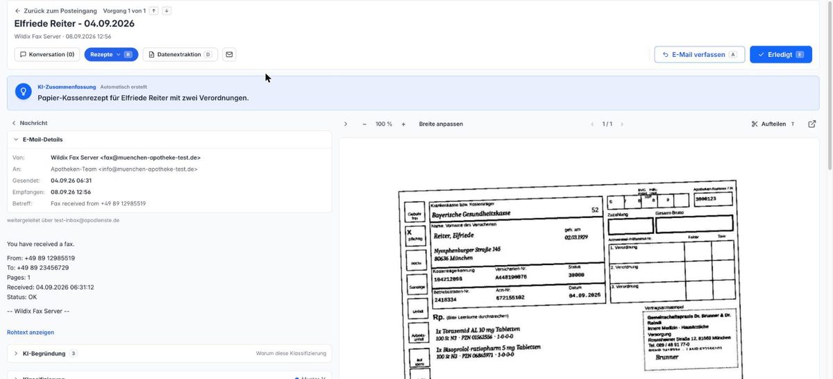 Per Fax eingegangener Vorgang mit Faxhinweis und E-Mail verfassen