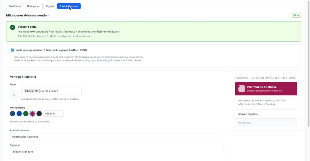 Verwaltung → E-Mail-Versand, Versand aktiv, mit BCC-Einstellung