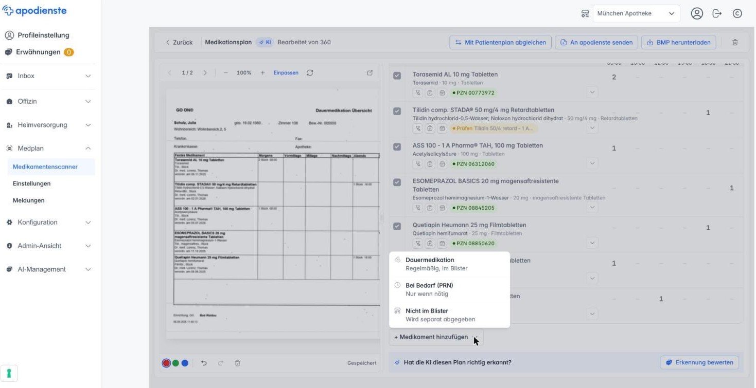 Die Auswahl beim Hinzufügen eines Medikaments