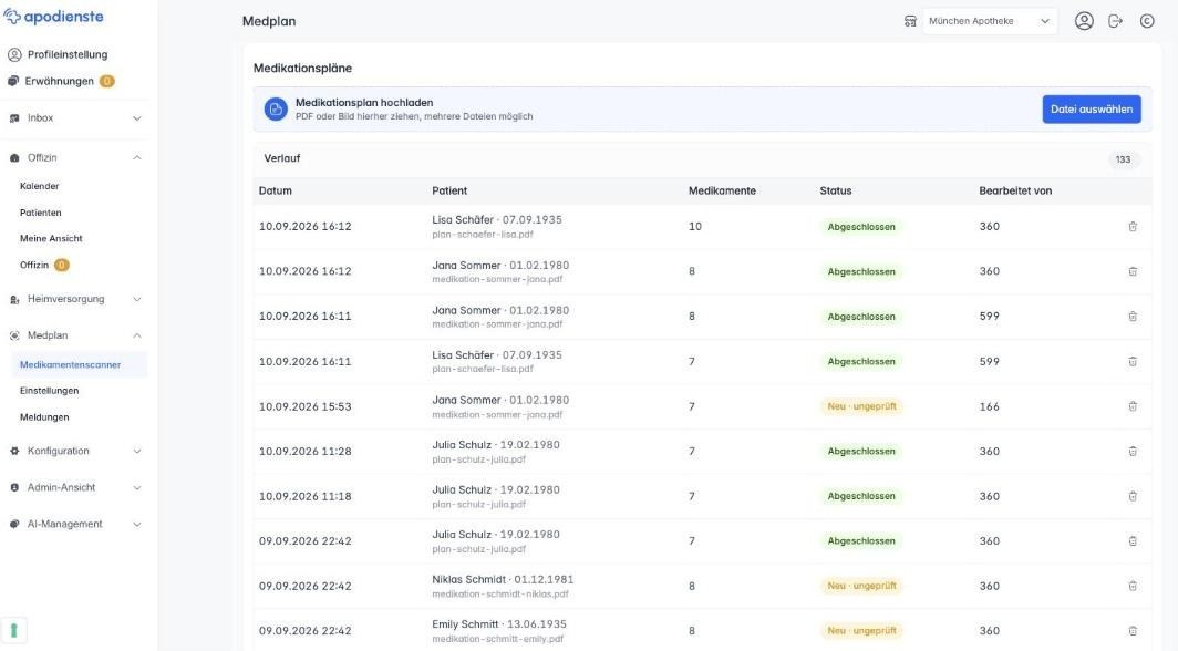 Die Übersicht von apodienste Medplan mit Upload-Kasten und Verlauf