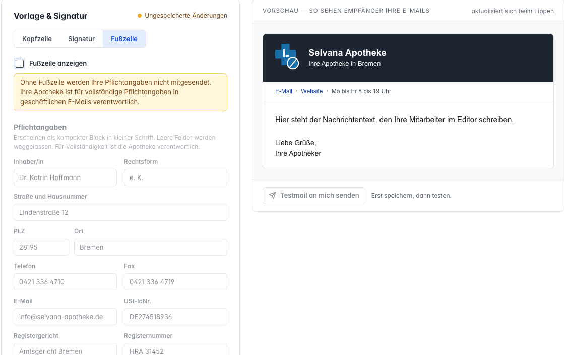 Reiter Fußzeile ohne Haken bei Fußzeile anzeigen, mit dem gelben Hinweis zu den Pflichtangaben und der Vorschau ohne Fußzeile