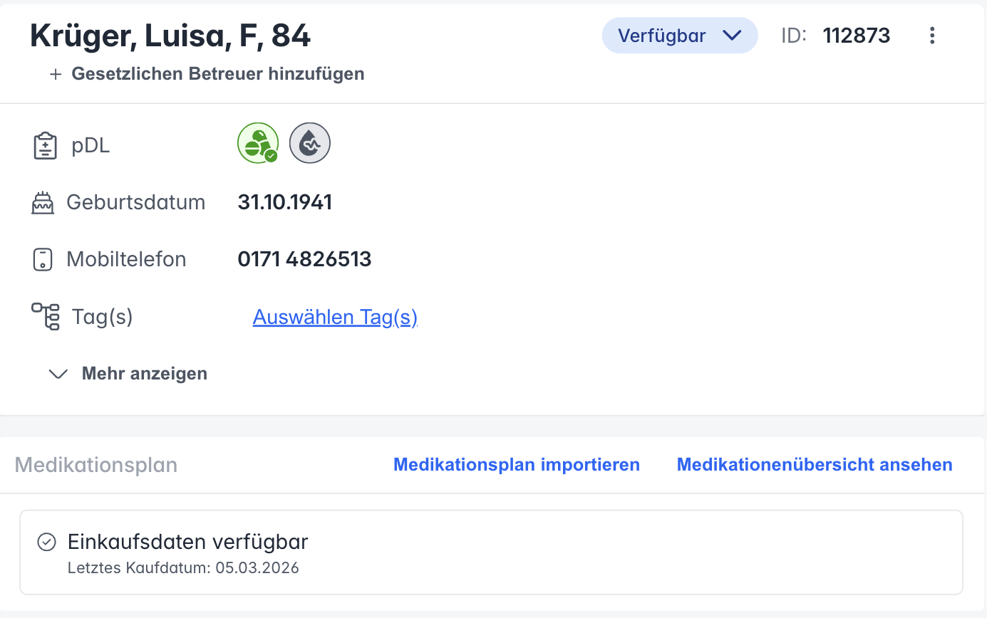 Patientenakte mit den Links Medikationsplan importieren und Medikationenübersicht ansehen