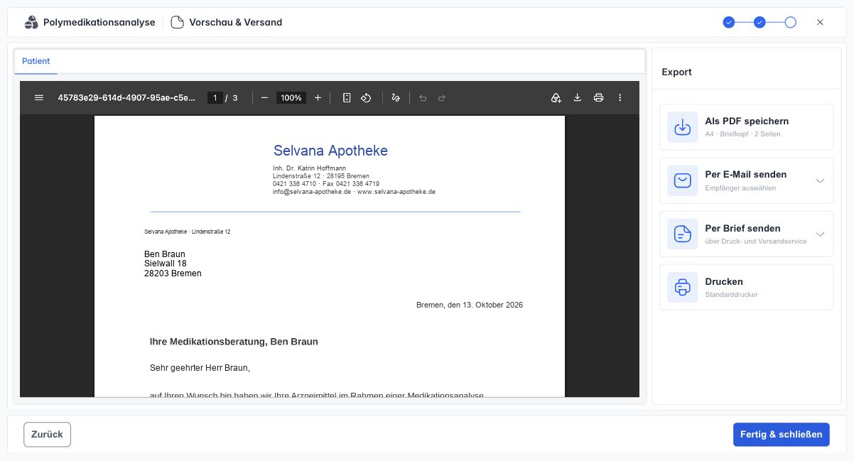 Schritt Vorschau und Versand mit dem Bericht als PDF und den Exportoptionen