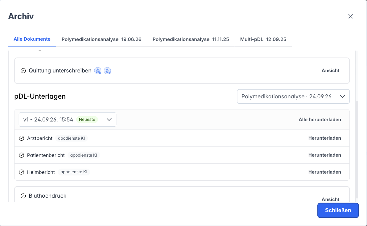 Archiv mit dem Bereich pDL-Unterlagen, der Versionsauswahl und den Berichten der Analyse