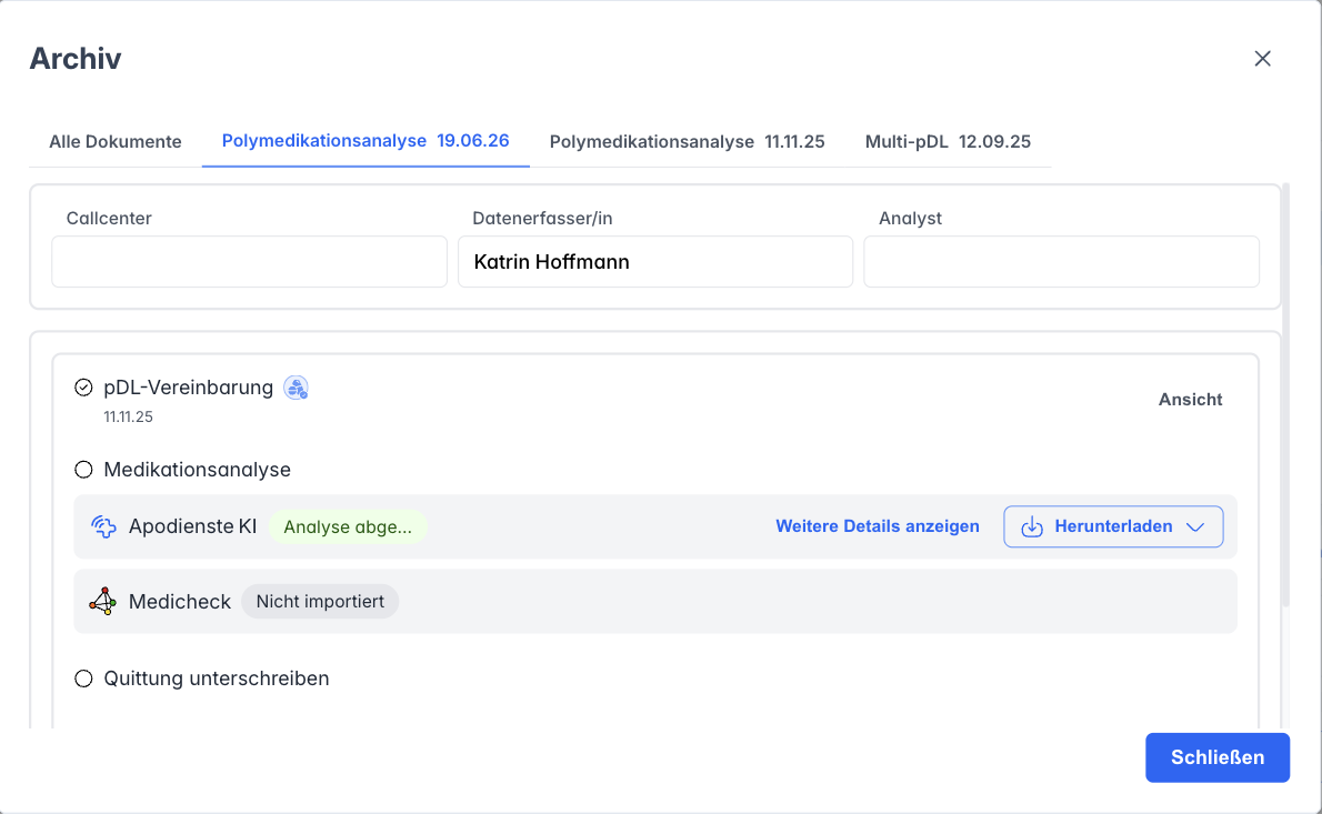 Reiter einer abgeschlossenen Polymedikationsanalyse im Archiv mit Weitere Details anzeigen