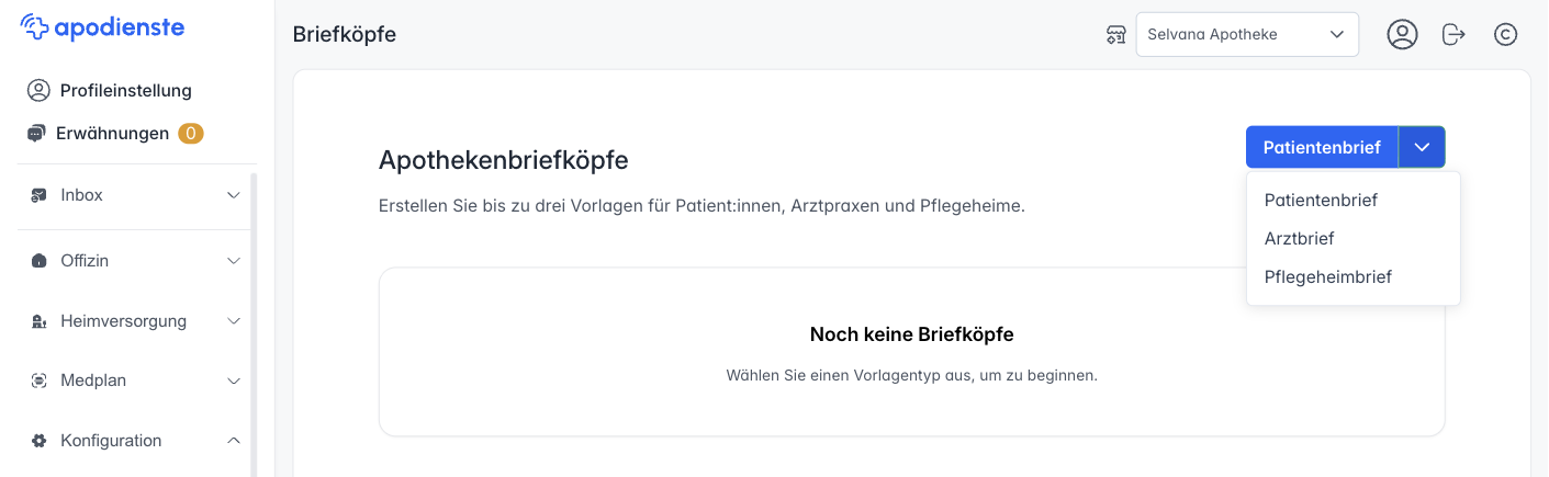 Seite Briefköpfe ohne Vorlagen mit geöffneter Auswahl Patientenbrief, Arztbrief und Pflegeheimbrief
