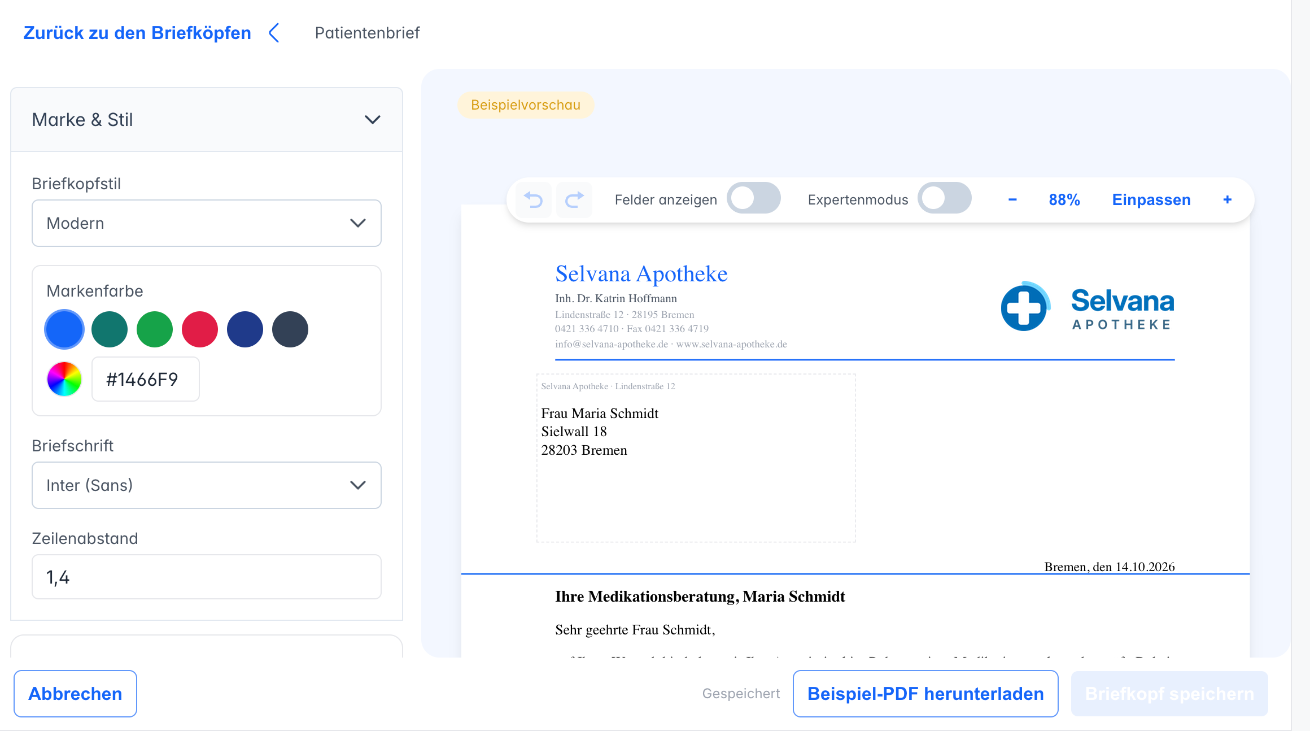 Editor mit Marke und Stil links und der Beispielvorschau rechts, das Logo steht oben rechts im Briefkopf