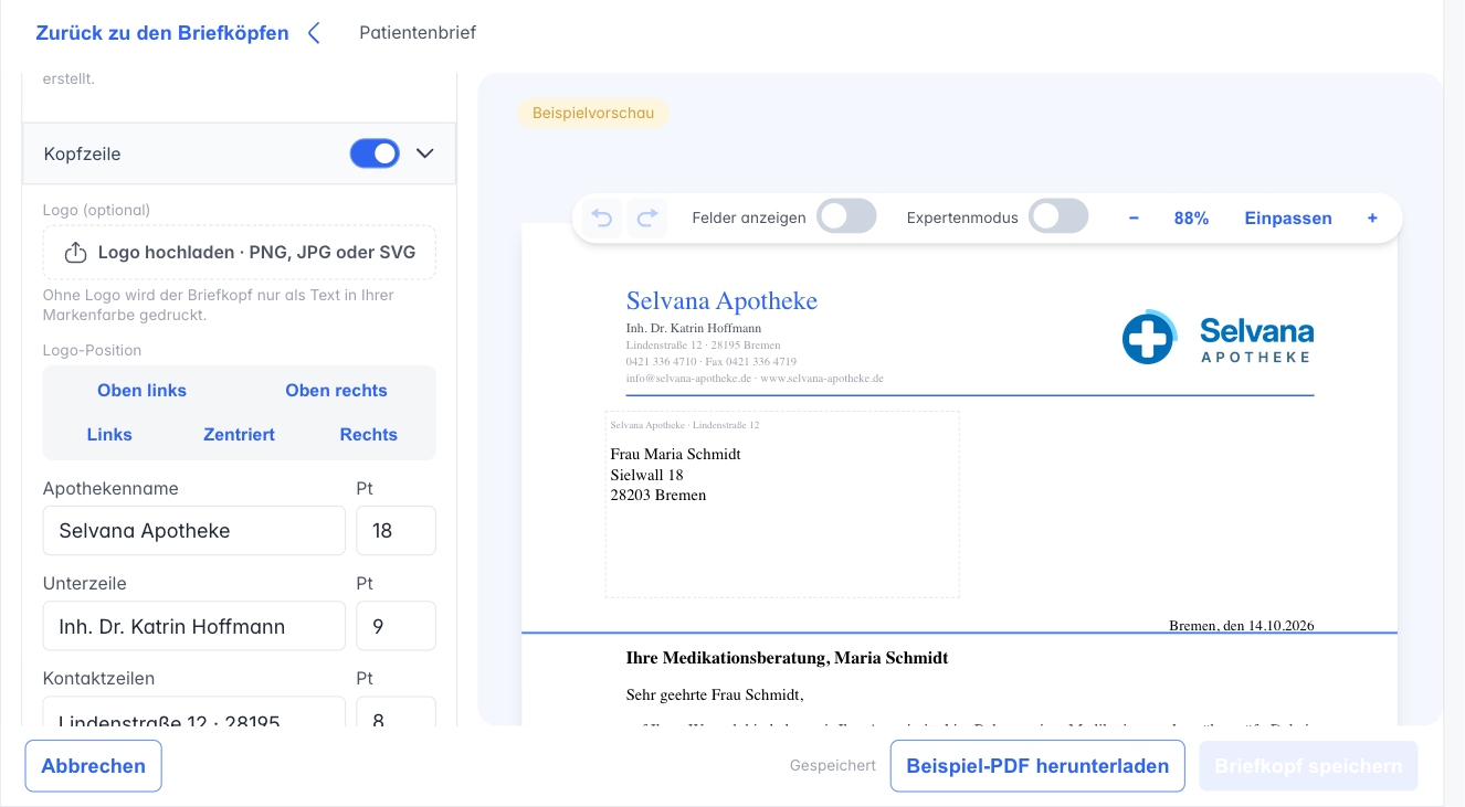 Geöffneter Abschnitt Kopfzeile mit Logo, Logo-Position und Apothekenname