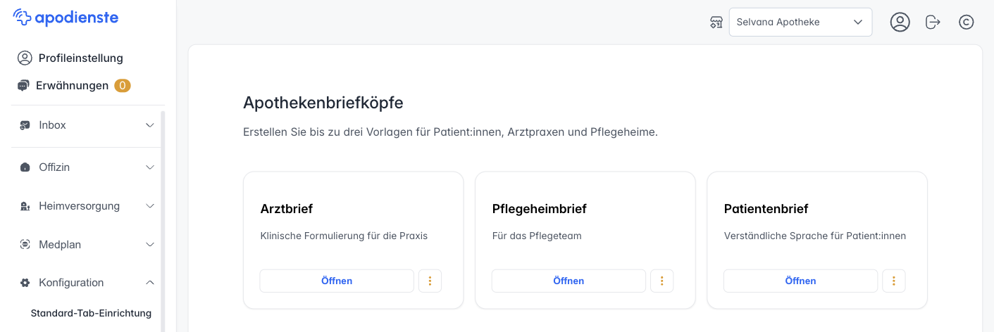 Seite Briefköpfe mit den drei Vorlagen Arztbrief, Pflegeheimbrief und Patientenbrief