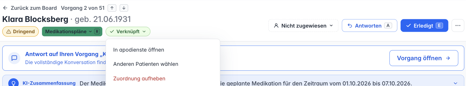 Vorgang mit dem Patienten als Titel und dem geöffneten Menü am Hinweis „Verknüpft“