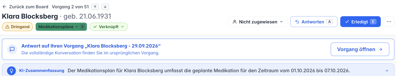 Kopf eines Vorgangs mit dem Patienten als Titel, der Zeile darunter und vier Schaltflächen