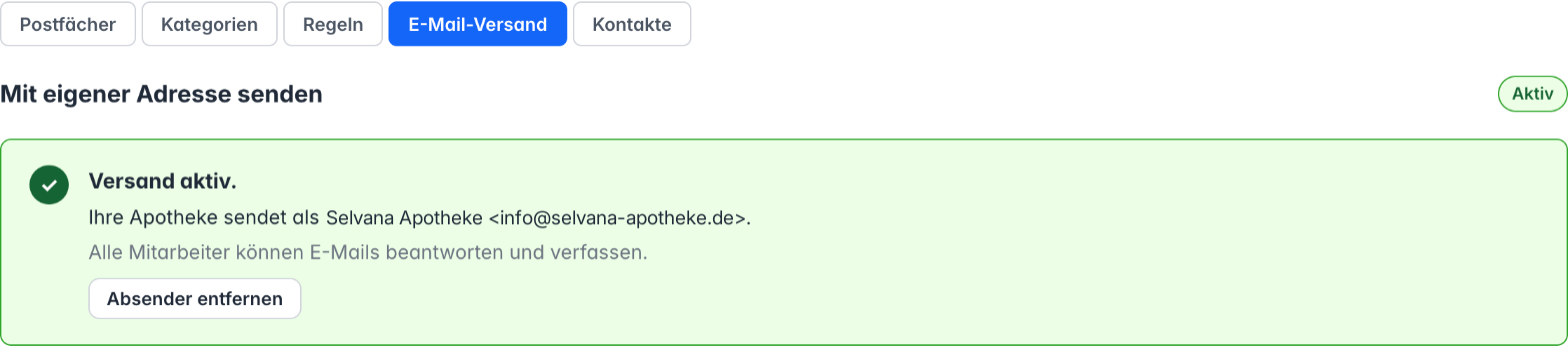 Reiter E-Mail-Versand mit der Karte Versand aktiv und der Schaltfläche Absender entfernen