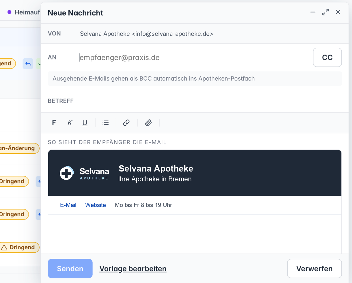 Fenster Neue Nachricht mit den Feldern An, Betreff und der Vorschau der E-Mail