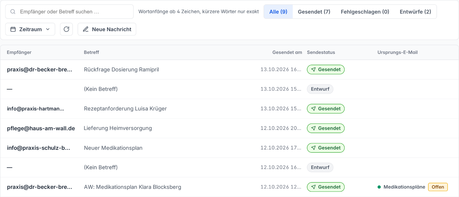 Seite Gesendet mit Entwürfen und der Schaltfläche Neue Nachricht